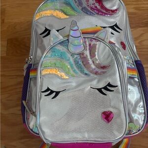 Silver Unicorn Kids Backpack and lunch bag with Rainbow Accents